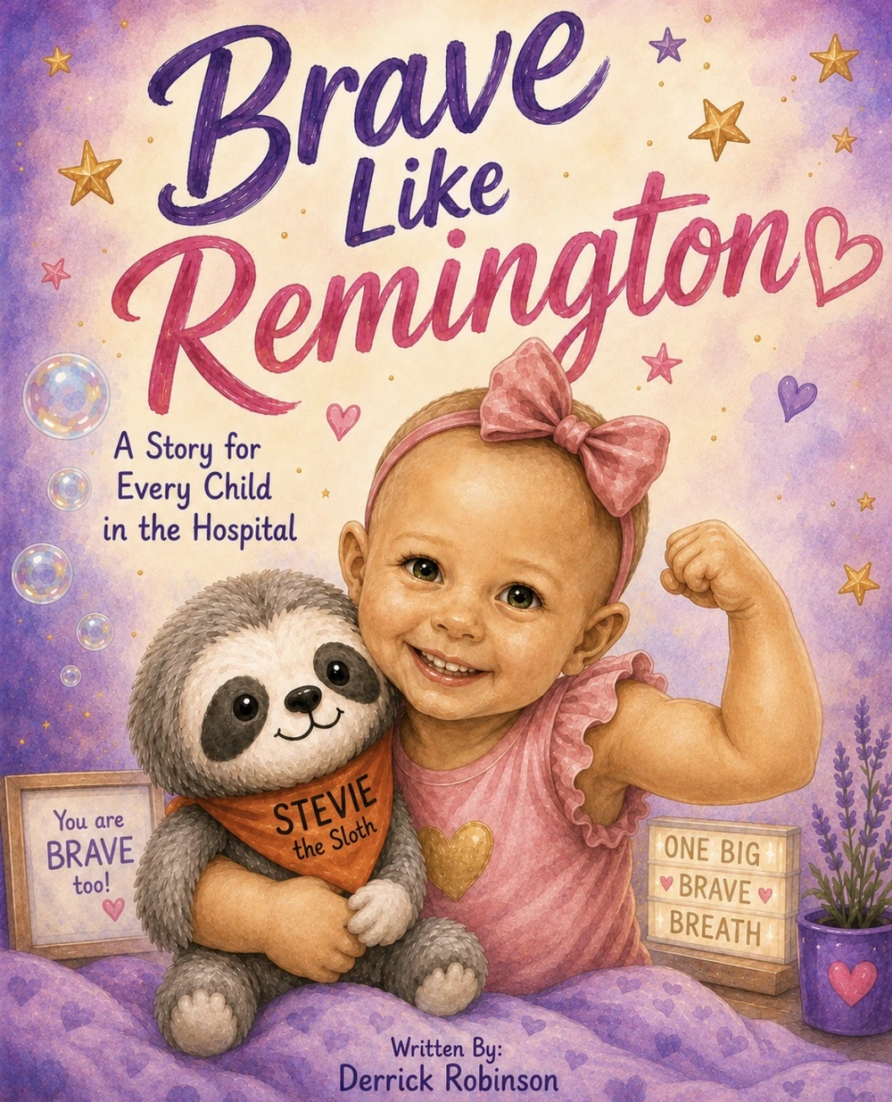 Brave Like Remington book cover: Remington holding Stevie the Sloth, with the words A Story for Every Child in the Hospital. Written by Derrick Robinson.